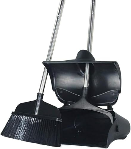 Heavy Duty Long Handled Dustpan and Brush Set, Wheel Attached Standing Dust Pan - Floor Cleaning, Stainless Steel Broom with Nylon Bristles, Protective PVC Jacket Handle, Hanging Hole - Black