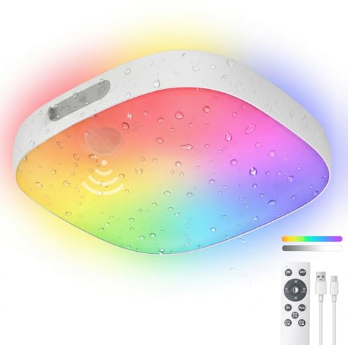 ToyGlee Akku Deckenleuchte mit Bewegungsmelder, Wasserdichte Duschlampe IP65 – 10000mAh Aufladbar LED Deckenleuchte mit 18 Farben,Timer –Deckenlampe für Badezimmer Keller Treppe (Weiß-RGB, 1 Stück)