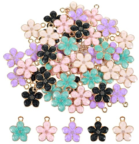 50PCS Flower Charms for Jewelry Making, Cute Gold Plated Enamel Cherry Blossoms Metal Flowers Pendant Charm Bulk for DIY Necklace Bracelet Earring Making and Crafting