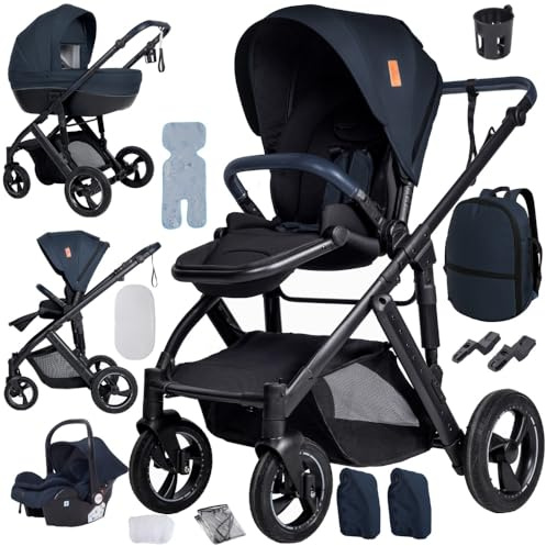 4 in 1 Kinderwagen,Buggy mit dicker Polsterung für wärmeren Schlaf,Reisebuggy mit höhenverstellbarem Schiebegriff,Babybuggy mit Aluminiumrahmen(Blau)