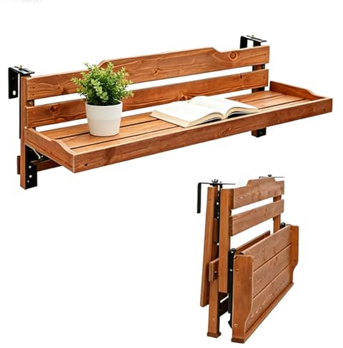 IXPIUZB Tavolo Balcone Ringhiera Legno, Tavolino Pieghevole Da Balcone Da Agganciare Alla Ringhiera Portafiori Rustico Che Supporta Fino a 36kg Di Terrazza Da Giardino (90x24x30cm)