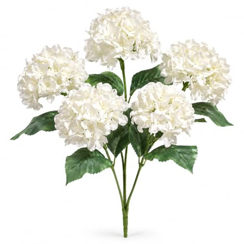 MIJOMA Hortensias artificiales de 48 cm con 5 flores para decoración elegante de flores en jarrón, hogar y evento (blanco crema)