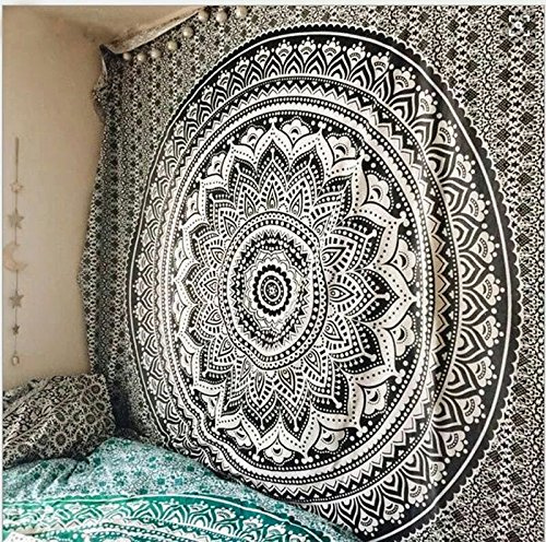 RAILONCH Multicolored Indischer Wandteppich Wandbehang Mandala Tuch Wandtuch Gobelin Tapestry Goa Indien Hippie-/ Boho Stil als Dekotuch/Tagesdecke (Schwarz, 210 * 150)