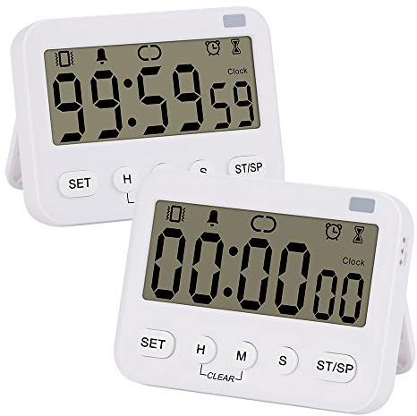 stonylab Reloj Temporizador Digital, 2-Pack Reloj Digital Prima Multifunción Temporizador de Cuenta Regresiva con Alarma, Respaldo Magnético Pantalla de Dígito Grande Vibración/Linterna/Alarma Sonora