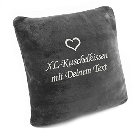 Direkt-Stick.de Kuschelkissen mit Namen XL-Größe, flauschig, Schmusekissen personalisiert mit Text und Herz Stickerei, Romantisches Geschenk für Frauen Freundin Geburtstag Weihnachten (dunkelgrau)