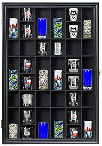 Schnapsglas-Vitrine aus Holz, Wandmontage, schwarz, Schattenbox, abschließbar, mit UV-Schutz, Acrylglas-Tür, Schnapsglas-Sammlungs-Display mit abnehmbaren Regalen, 45,7 x 66 cm, 36 Fächer