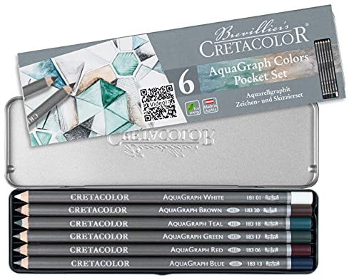 CRETACOLOR Aquagraph Colors Pocket Set, Wasservermalbare Graphitstifte mit Farbakzenten für Aquarelleffekte, Rot/Blau/Grün/Petrol/Braun/Weiß, in praktischen und robusten Metalletui