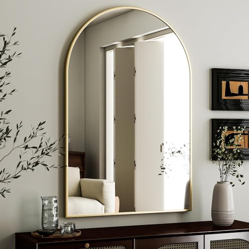 HARRITPURE Arched Wall Mirror – 24x36 Arch Bathroom Mirror, Gold Metal Frame Vanity Mirrors for Bedroom, Entryway, Living Room Home Decor