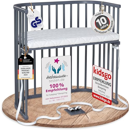 babybay Boxspring Beistellbett aus massivem Buchenholz / kompakt & verwandelbar / Kinderbett Höhe stufenlos verstellbar / mitwachsendes Babybett (schiefergrau lackiert) / inkl. Matratze