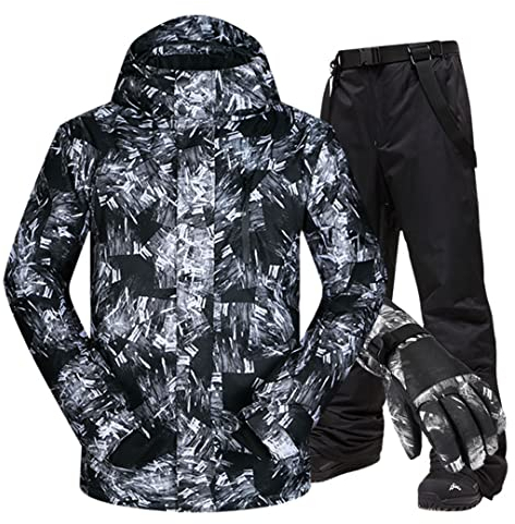 Skianzug Herren Winter Dicke Warme Jacke und Hose Skihandschuhe Snowboard Skijacke HEI und Schwarz G4 M