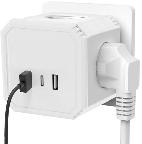 Reisestecker mofang Steckdosenwürfel Ohne Kabel, 7 in 1 Steckdosenleiste, (4000W/10A), Steckdosenleiste 4F mit 2 USB&1 Typ-C für Zuhause Büro Küche Weiß