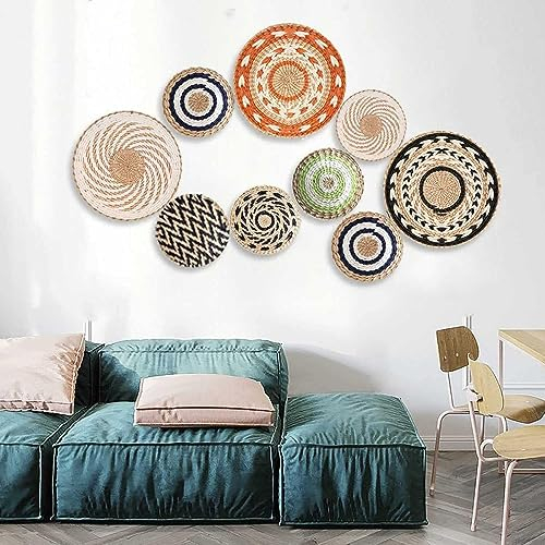 Gewebte Wandkorb Deko Satz von 9, hängenden geflochtenen Körben natürliche dekorative Schalen Gewebte Flache Körbe, Gewebte Seegras-wandkörbe, Runde Hängende,Wandkunst Für Schlafzimmer