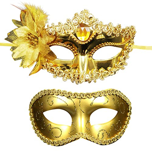 OIDEA Blume Venezianische Maske für Paare: 2pcs Herren Damen Leicht Angenehm Lilien Schwarz Gold Masken für Pärchen römischer griechische Augenmaske mit Strasssteine für Maskenball Maskerade