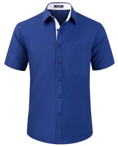 HISDERN Camisas Azul Marino de Manga Corta para Hombre Camisas Informales de Verano para Negocios con Bolsillos, Corte Regular,M