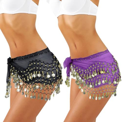 2-Pack Frauen Bauchtanz Hüftschal, Bauchtanz Rock Wrap mit Pailletten Münzen, Bauchtanz Kostüm für Bauchtanz, Zumba (DE/NL/SE/PL, Bundweite, 39, Regular, Regular, Schwarz/Lila)