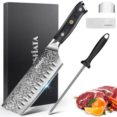 MOSFiATA Damastmesser Nakiri messer 7 Zoll, Vatertagsgeschenk für Papa, Kochmesser Damast Küchenmesser Damaststahl Japanisches Messer Scharf Profi Fleischmesser, mit Fingerschutz Messerschärfer