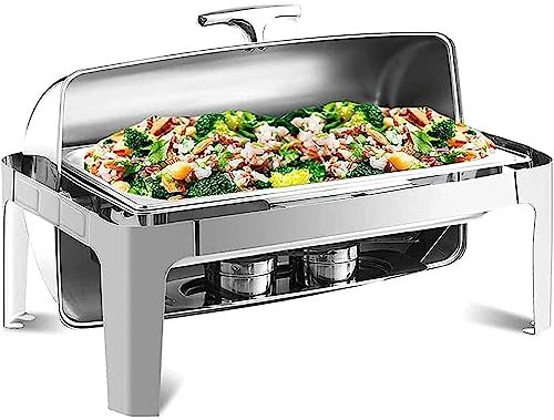 Chafing Dish in voller Größe mit Rolldeckel, 9-Liter-Edelstahl-Speisenwärmer-Chafer-Set mit Lebensmittelpfanne, Wasserpfanne und Brennstoffhaltern für Party-Buffets