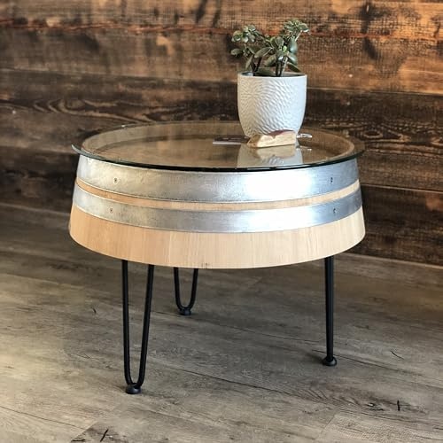 Fass-Schmiede Weinfass Couchtisch mit (60er) Glasplatte Dreibein Sofatisch Beistelltisch (mittel: 50 cm, Shabby Black)