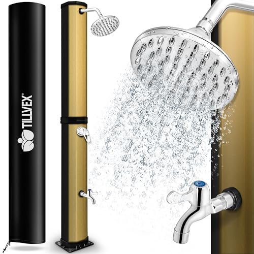 tillvex® Solardusche 60 Liter inkl. Abdeckung | Gartendusche warmes Wasser | Solar Dusche Außen, Garten, Pool & Camping ohne Strom | Pooldusche mit Regenduschkopf, Wasserhahn & Gartenschlauch-Anschluss