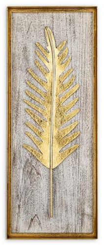 Briful Metall Wanddeko – Goldene Blätter auf Holzoptik, 40x16 cm – Modernes Wandbild aus Holz & Metall – Wohn- & Schlafzimmer Deko, Boho Vintage Stil, Wandkunst mit Naturmotiv