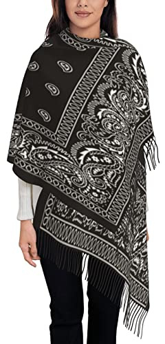 Bandana Noir Et Cachemire Echarpe Cadeau Hiver Étole Châle De Femme Élégant Glands Foulard
