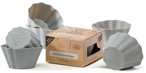Moules à muffins gris réutilisables Backefix en silicone sans BPA en lot de 6 | Moules à muffins antiadhésifs sans graisse, moules à muffins individuels mesurant chacun 7,5x4cm
