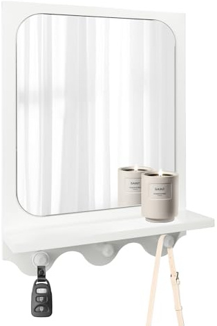 Snazzify Wandspiegel mit Regal und Haken, dekorativer Eingangsspiegel mit Stauraum für Flur, Badezimmer oder Schlafzimmer, 10,2 cm Regalbreite, Weiß
