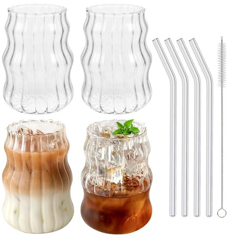 DENUOTOP Gläser mit Glas Strohhalm, 530ml Wassergläser 4er Set, Fancy Trinkgläser, Bubble Glas für Eiskaffee Latte Macchiato, Matcha Mojito Gläser, Spülmaschinenfest