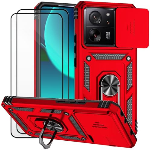 Dechyi Funda para Xiaomi 13T / Xiaomi 13T Pro Carcasa Cubierta de Cámara Deslizante Vidrio Templado con Soporte de Anillo-Rojo