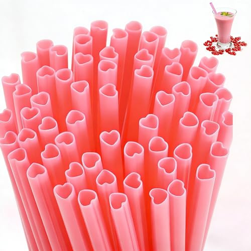 50Pcs Reusable Straws, Pink Heart-Shaped Plastic Straws with Cleaning Brush | Individually Packaged Straws For Milkshakes, Bubble Tea, Juices & Smoothies. Ideal For Home, Bars, Parties & Valentine’s Day