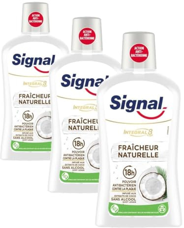 SIGNAL - Bain de Bouche Intégral 8 Fraicheur Naturelle - Infusé aux extraits de coco - Enrichi en Zince Minéral pour une éfficacité antibactérienne pendant 18h - Sans Alcool - 500ml (Lot de 3)