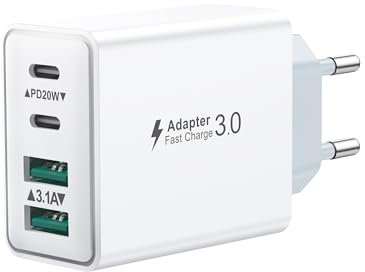 Cargador USB C, 40W 4 Puerto Enchufe USBC Carga Rapida para iPhone 17 16 15 Plus 14 13 12 11 Pro MAX, iPad, Samsung, Múlti Movil Charger Cabezal Dual QC 3.0 y PD Rápido Pared Adaptador