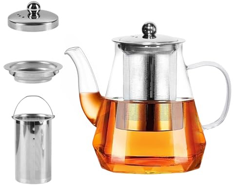 1000ml Teekanne aus Glas mit abnehmbarem Edelstahlsieb Hitzebeständige, tropffreie Teekanne für losen Blatt-Tee Teekocher aus Borosilikatglas für duftenden Tee und Fruchtgetränke