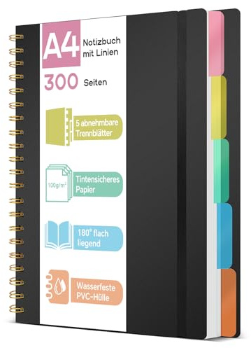 ihaspoko A4-anteckningsbok med avdelningar - 100GSM anti-spillpapper, 300 sidor, PVC-hårt fodral, spiralprojektbok för skola, kontor och presenter