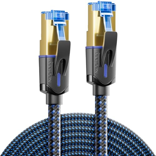 deleyCON 20m Câble Réseau CAT 8 (40 Gbit/s, Nylon, 100% Cuivre) S/FTP PIMF - Câble Patch LAN Ethernet - Fiches RJ45, Compatible CAT8/CAT7/CAT6, PoE, PS5, Routeur, PC, Ordinateur Portable - Noir