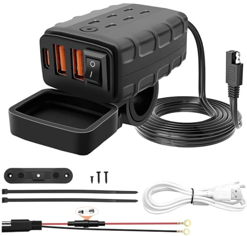 Dexumodbk Wasserdichtes Motorrad USB Ladegerät [2 USB-A +1 Type-C] mit EIN/Aus-Schalter und LED, Multi USB Kabel, Steckdose für 12V-24V ATV, Boote (10A Sicherung)