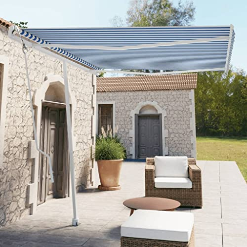 Qnhdfrt Automatische Standmarkise Freistehend 300x250 cm Blau/Weiß mit Fernbedienung und Kurbel, Höhenverstellbar, UV-beständiger Stoff für Sonnenschutz Terrasse Balkon Garten