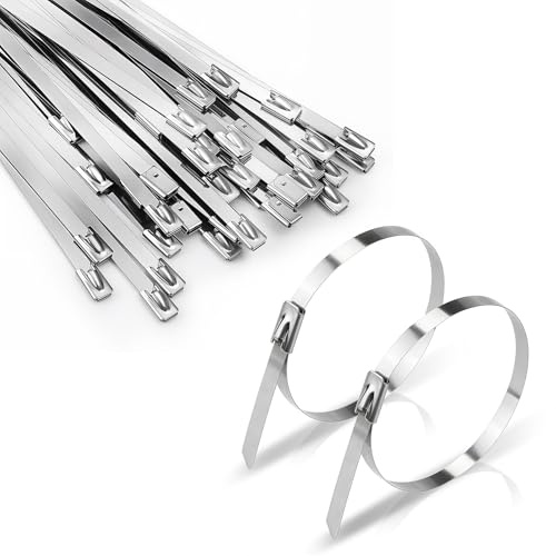 50 Pieces Collier de Serrage Inox Autobloquante,400mm x 4,6mm Attache Cable Inox, Argent Attaches Autobloquantes en Métal pour Enroulement D'échappement,Câbles Groupés et Entretenir les Clôtures