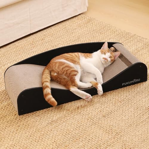 FUKUMARU Rascador para Gatos, 74 cm, cartón y Fieltro Resistentes, Gran Superficie para tumbarse, rascador reciclable de cartón Ondulado con Pelota, Negro