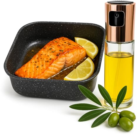 Terryshop74® Teglia Antiaderente 20x20x5 cm + Spruzzatore Olio 100 ml – Set per Friggitrice ad Aria e Forno – Teglia Antigraffio 7 Strati con Bottiglia Spray in Vetro Riutilizzabile