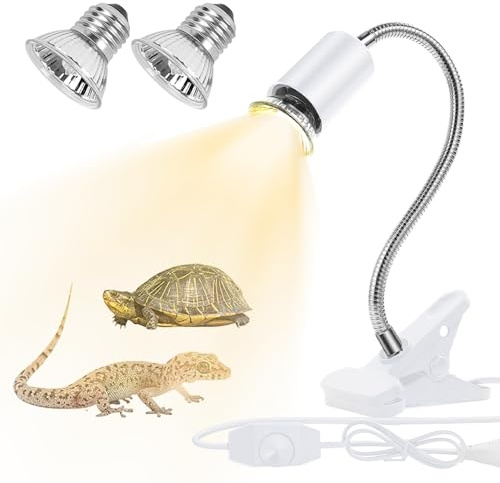 Udbrud Lampe Chauffante Tortue, Lampe Chauffante Terrarium avec 2 x 50W Ampoules UVA UVB et Pince Pivotante à 360 °Lampe Reptiles et Amphibiens pour Tortue, Serpent, Lézard (Blanc)