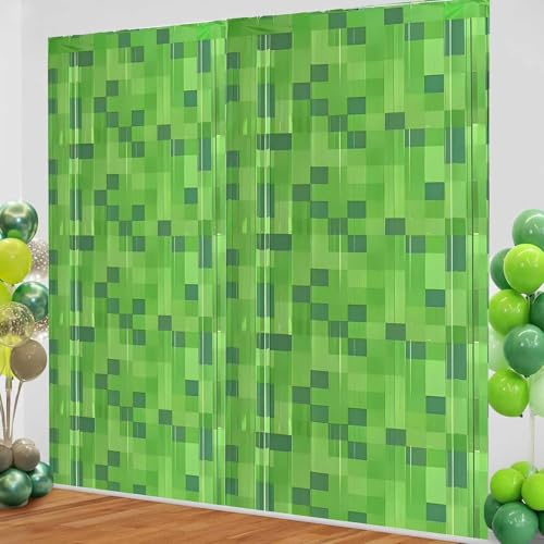 ParPix 2 Stück Pixel Lametta Vorhang, 1M×2M Pixelmotiv Glitzervorhang Lametta Grün, Pixel Kindergeburtstag Lametta Banner, Pixelmotiv Happy Birthday Hintergrund Banner, Gamer Hintergrund Partyvorhang