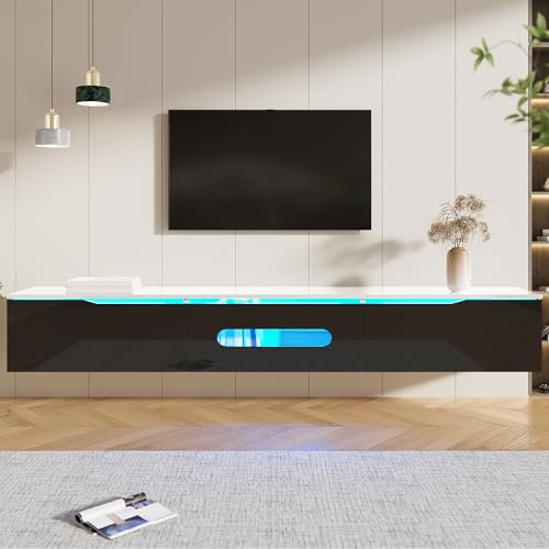Merax High Gloss LED TV Unit,Floating TV Cabinet,LED TV Stand, 16-Colour APP-Controlled LED Lights, Soft-Close Doors, Wall-Mountable or Floor-Standing - 180 L × 35 W × 30 H,Black Frame and White Top