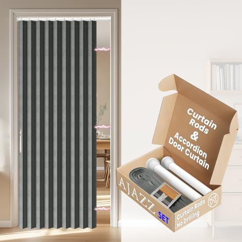 AJAZZ No-Drilling Door Curtain with Rod, Privacy Folding Screen, Light Filtering Fabric, UK Standard（W 43 x L 78-Dark grey-1 Panels）
