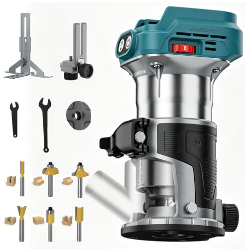 Yofuly Fresadora para Madera Compatible con Baterías Makita de 18V, Rebajadora Eléctrica con 6 Velocidades | 13000-28000 RPM, Fresadora de Mano 6 Fresas de 6,35mm para Carpintería(No Incluye Pilas)