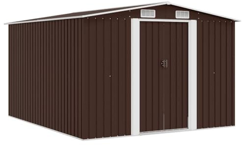 KKHOMEI Casetta da Giardino 257x298x178 cm Capanno Attrezzi da Giardino in Acciaio Zincato Grigio Capanno per Attrezz Capanno in Metallo Marrone