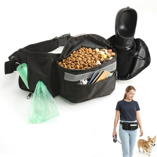 Bolsa premios perro, riñonera para adiestramiento canino, bolsa para comida con dispensador de bolsas para excrementos y banda reflectante, riñonera ajustable para paseos al aire libre (negro)