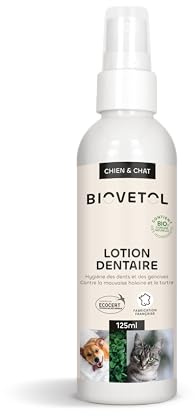 Biovetol -Spray dentifrice -Nettoyage des dents chien et chat sans brossage –Empêche la formation de tartre –Combat la mauvaise haleine -Bio Certifiée Ecocert -Conçu et fabriqué en France -125 ml
