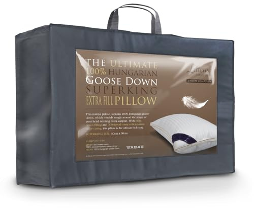 Littens Extra Filled Luxury Ultimate Collection Super King Size 100% Pure Hungarian Goose Down Pillow 300TC 100% Cotton Jacquard Casing, Down Proof, Gold Piping (50cm x 90cm)