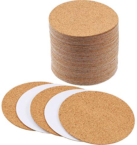 60 Pieces Self Adhesive Cork Coasters Squares/Round 4 x 4 Cork Mats Backing Sheets for DIY Coasters Crafts Backing Tiles Supplies(Round)